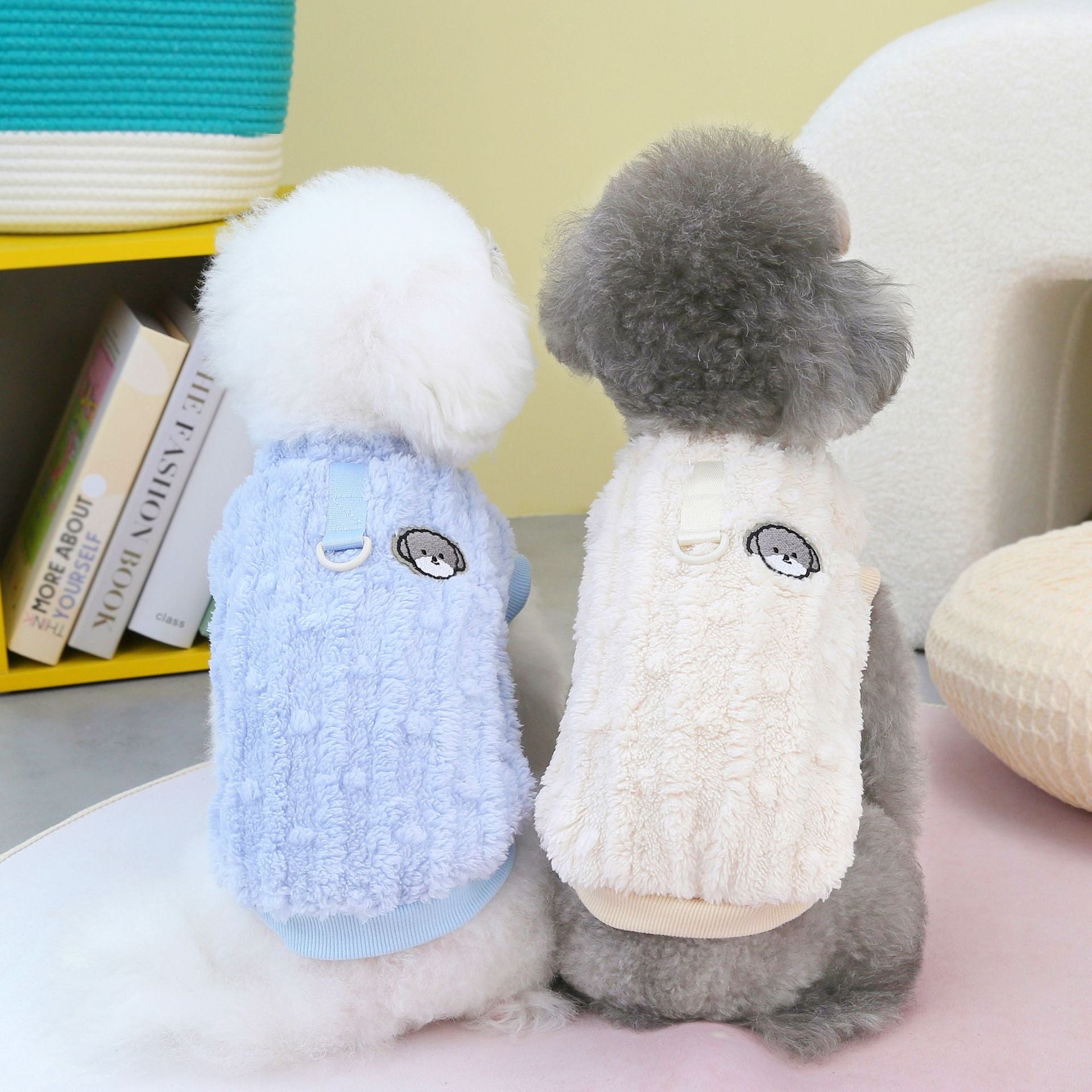 KFX-9880253 Fur Ball Fluffy Jacket for Pets - Coral Fleece, Blue, Khaki, Pink, Yellow, Sizes S-XXL