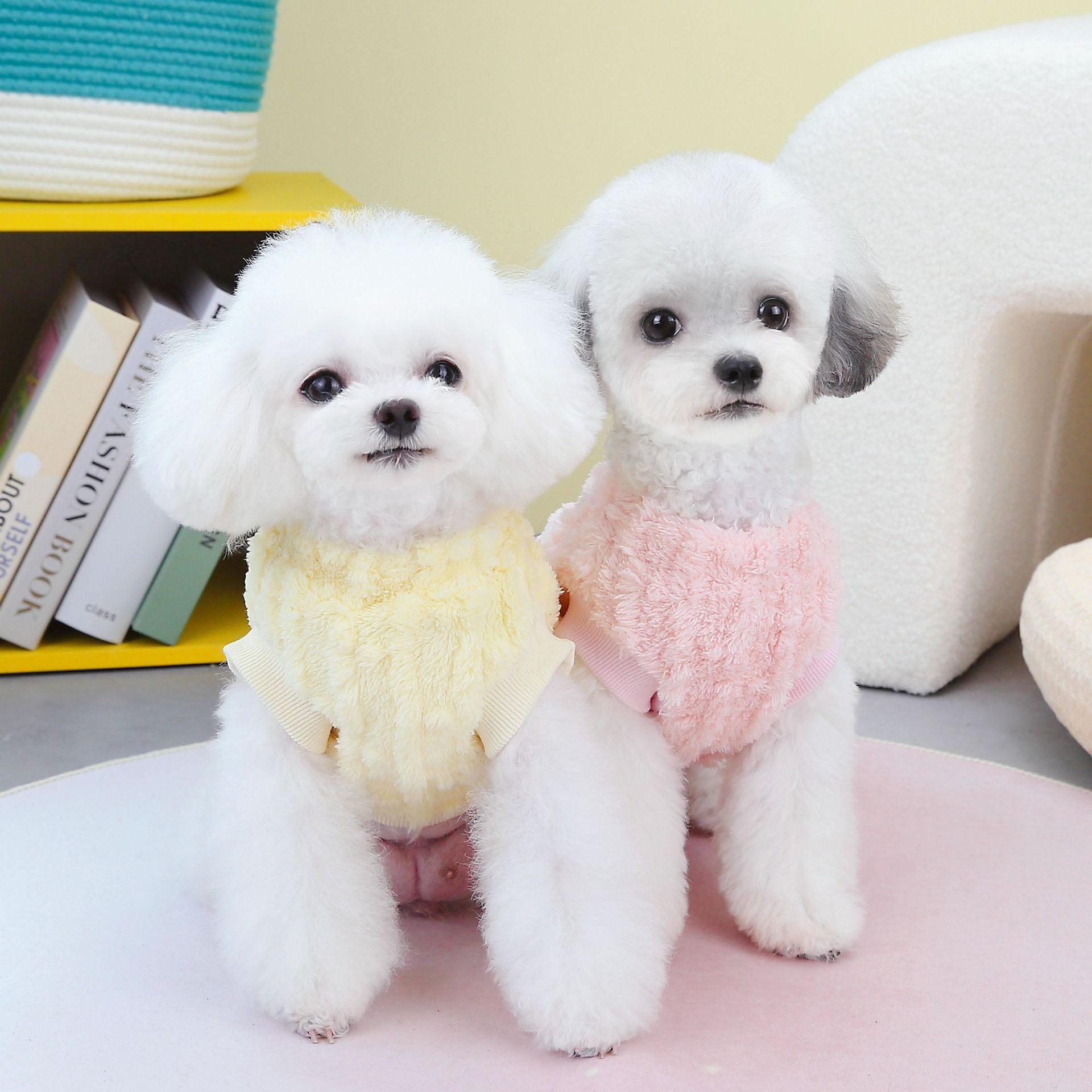 KFX-9880253 Fur Ball Fluffy Jacket for Pets - Coral Fleece, Blue, Khaki, Pink, Yellow, Sizes S-XXL