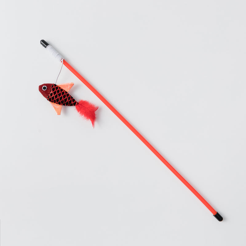 KFX-9880509 Cat Toy with Fish Pattern Stick - Interactive Rod for Play & Exercise - Soft Flannelette Material - Plastic Tube Design