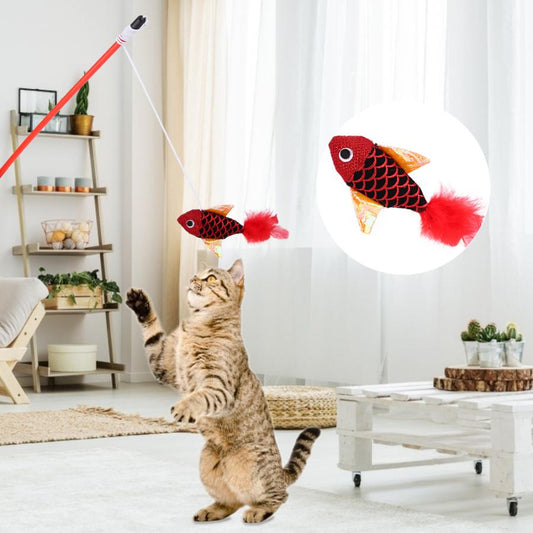 KFX-9880509 Cat Toy with Fish Pattern Stick - Interactive Rod for Play & Exercise - Soft Flannelette Material - Plastic Tube Design