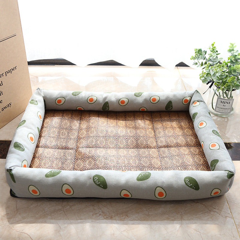 KFX-9889469 Summer Rattan Cat Cooling Mat - Non-Slip Square Nest with Linen Canvas in Multiple Colors