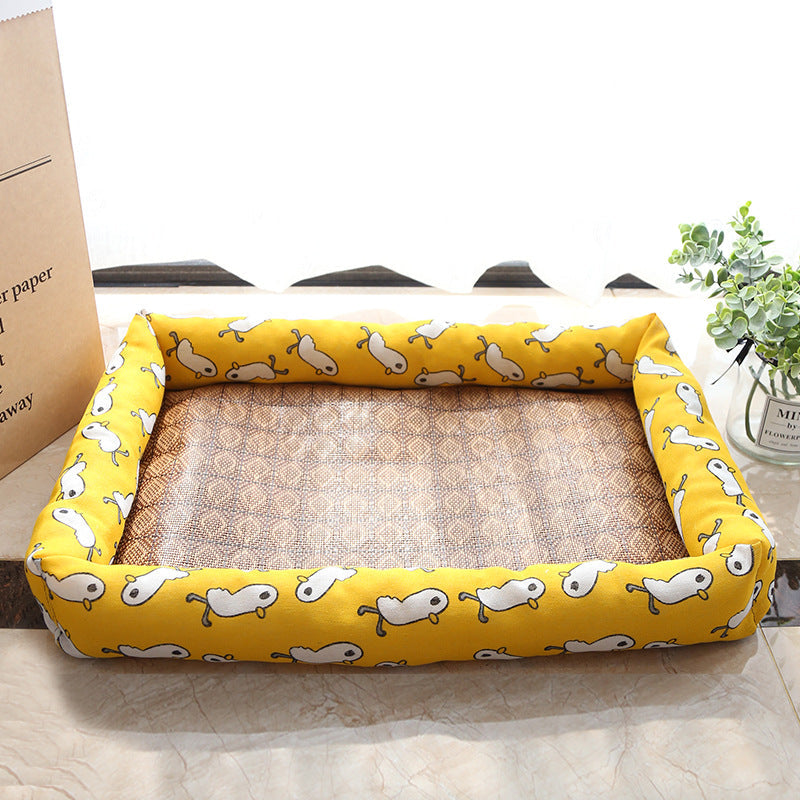 KFX-9889469 Summer Rattan Cat Cooling Mat - Non-Slip Square Nest with Linen Canvas in Multiple Colors