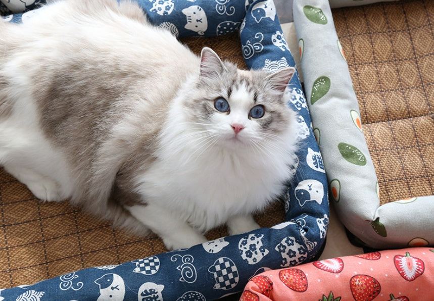 KFX-9889469 Summer Rattan Cat Cooling Mat - Non-Slip Square Nest with Linen Canvas in Multiple Colors