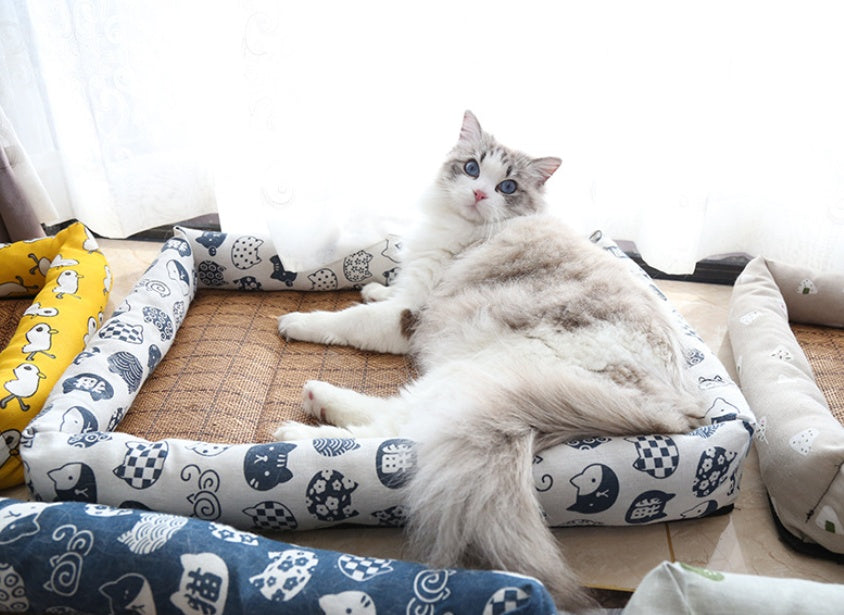 KFX-9889469 Summer Rattan Cat Cooling Mat - Non-Slip Square Nest with Linen Canvas in Multiple Colors