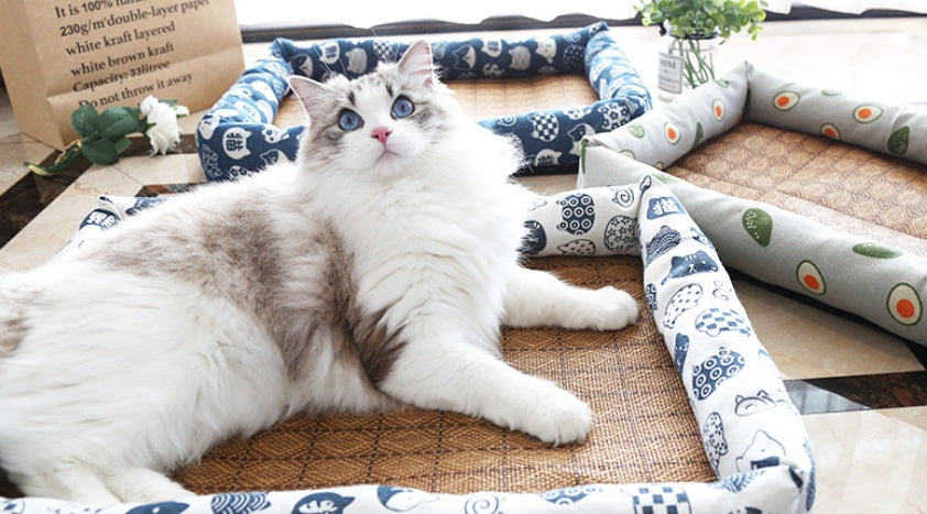 KFX-9889469 Summer Rattan Cat Cooling Mat - Non-Slip Square Nest with Linen Canvas in Multiple Colors