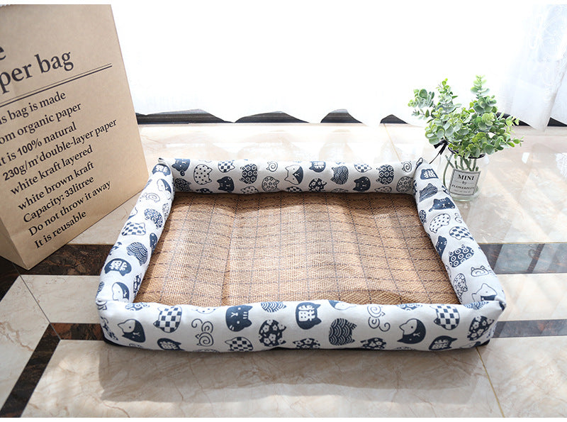 KFX-9889469 Summer Rattan Cat Cooling Mat - Non-Slip Square Nest with Linen Canvas in Multiple Colors