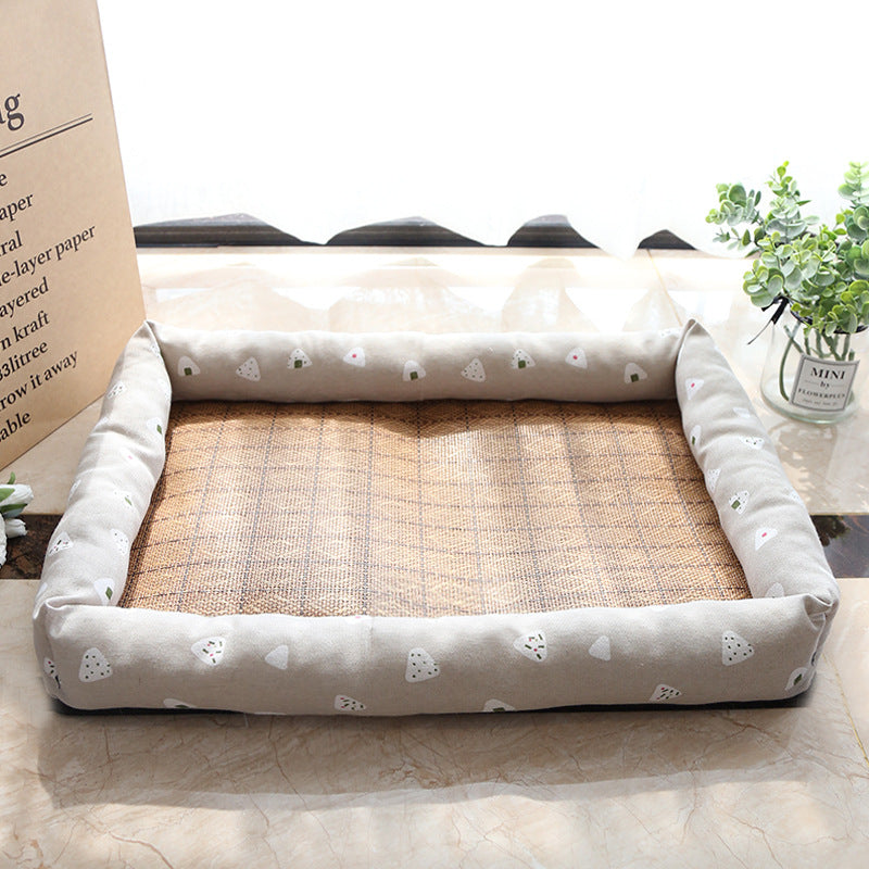 KFX-9889469 Summer Rattan Cat Cooling Mat - Non-Slip Square Nest with Linen Canvas in Multiple Colors