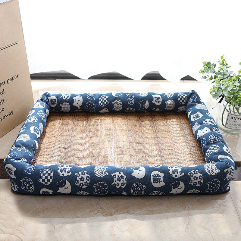 KFX-9889469 Summer Rattan Cat Cooling Mat - Non-Slip Square Nest with Linen Canvas in Multiple Colors