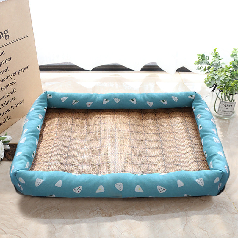 KFX-9889469 Summer Rattan Cat Cooling Mat - Non-Slip Square Nest with Linen Canvas in Multiple Colors