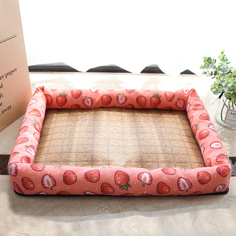 KFX-9889469 Summer Rattan Cat Cooling Mat - Non-Slip Square Nest with Linen Canvas in Multiple Colors