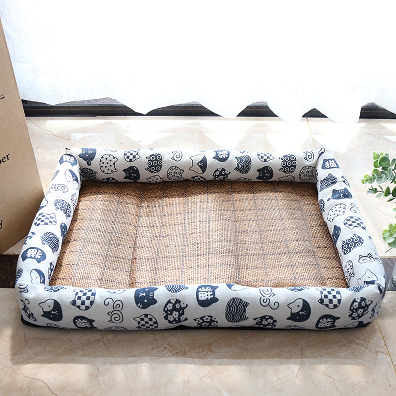 KFX-9889469 Summer Rattan Cat Cooling Mat - Non-Slip Square Nest with Linen Canvas in Multiple Colors