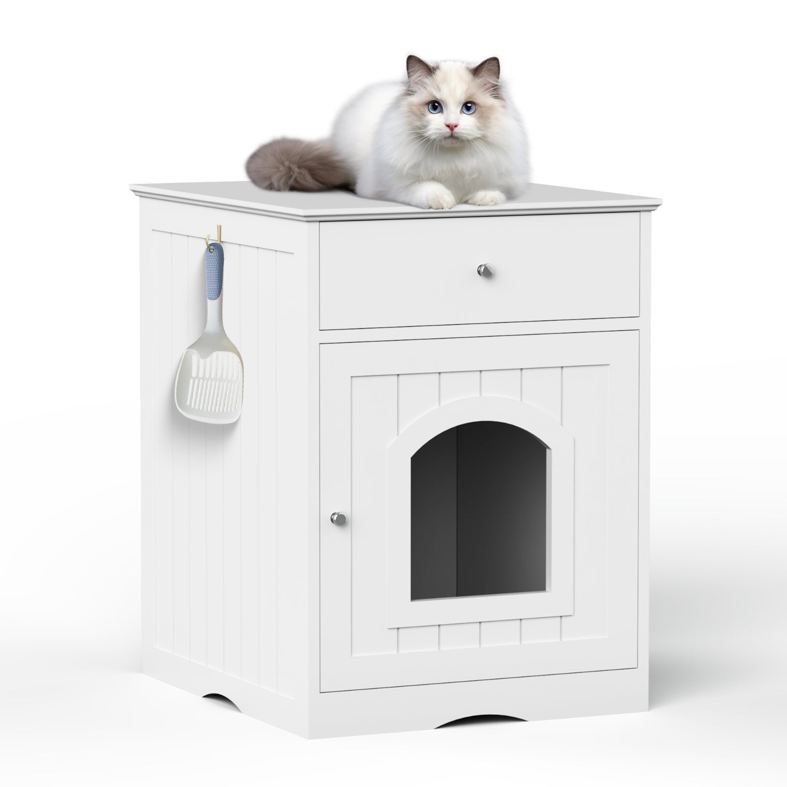 KFX-9900221 Wooden Cat Litter Box Enclosure with Drawer, Indoor Pet Crate and Side Table, White