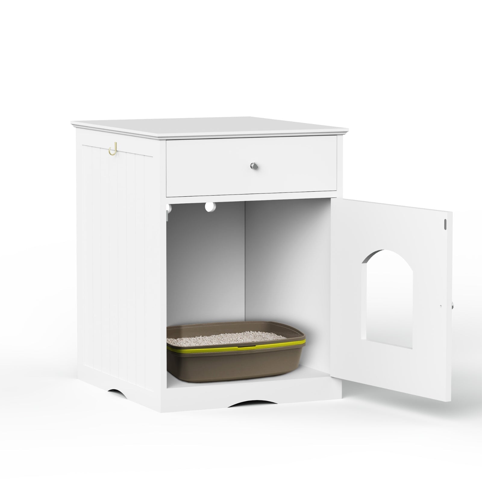 KFX-9900221 Wooden Cat Litter Box Enclosure with Drawer, Indoor Pet Crate and Side Table, White