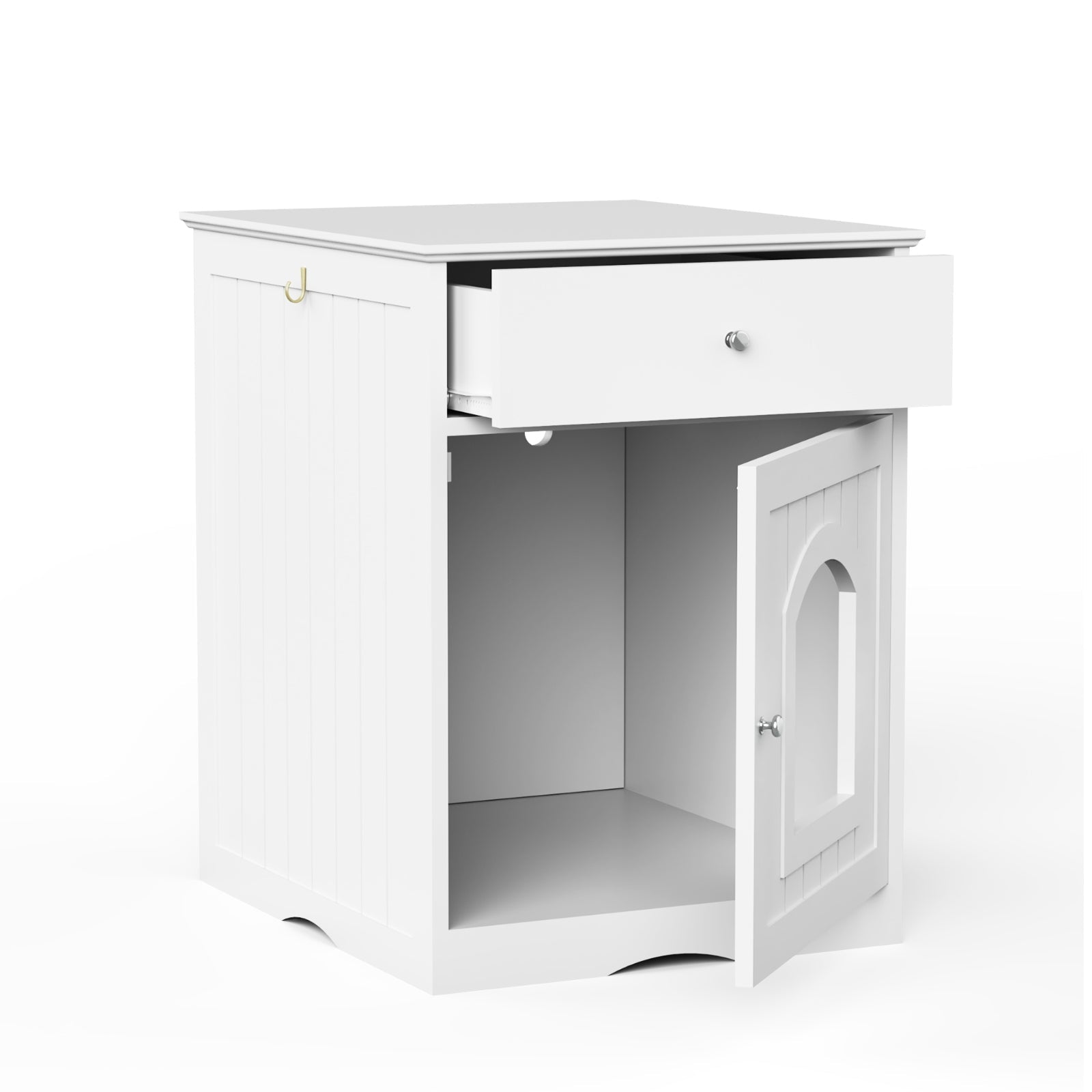 KFX-9900221 Wooden Cat Litter Box Enclosure with Drawer, Indoor Pet Crate and Side Table, White
