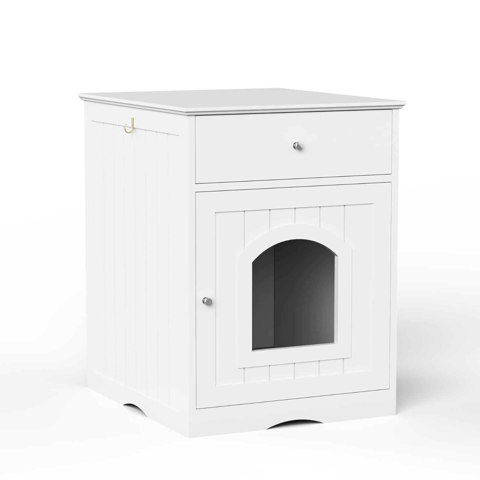 KFX-9900221 Wooden Cat Litter Box Enclosure with Drawer, Indoor Pet Crate and Side Table, White