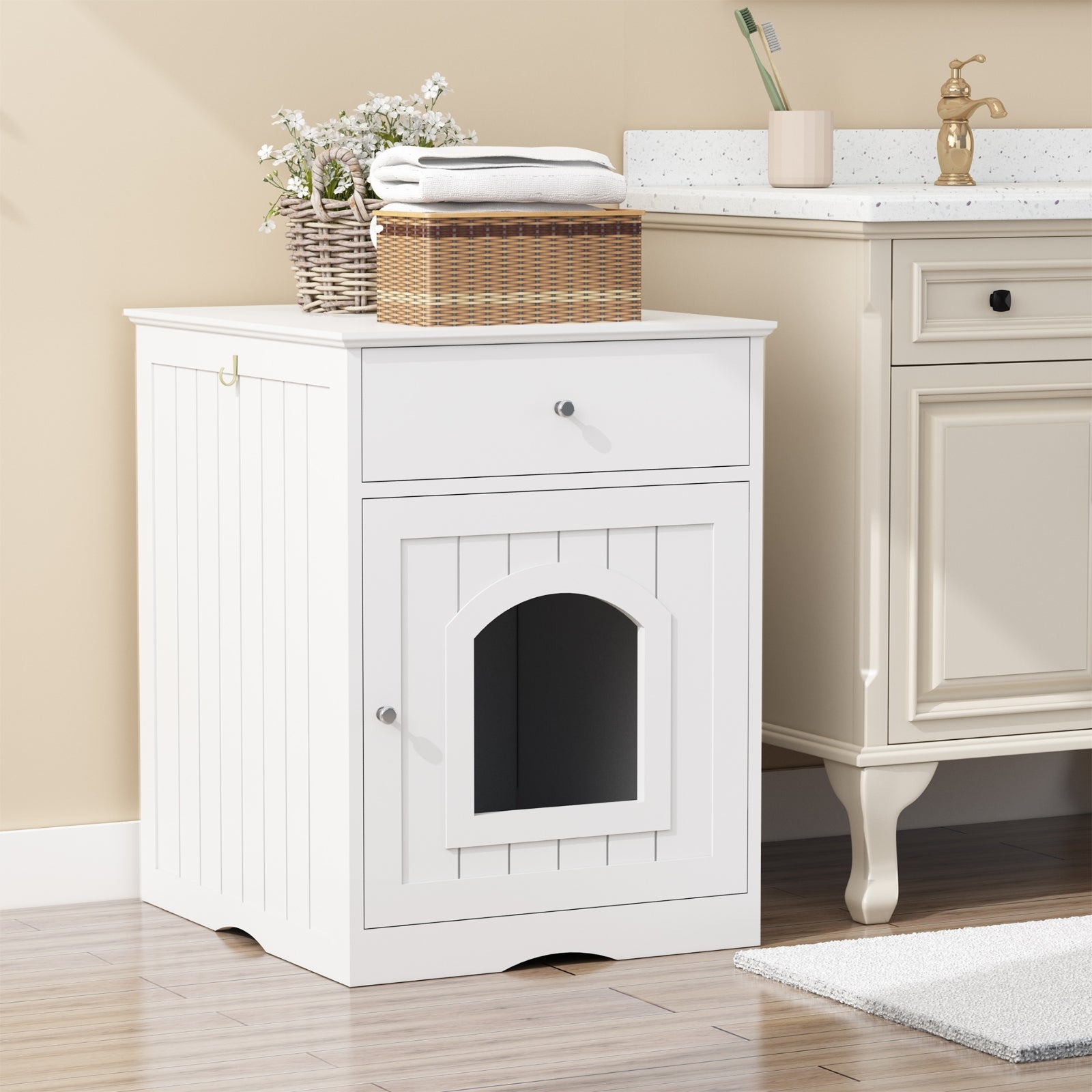KFX-9900221 Wooden Cat Litter Box Enclosure with Drawer, Indoor Pet Crate and Side Table, White