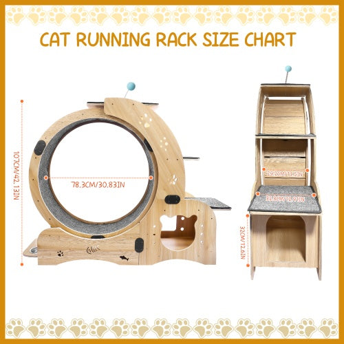 KFX-9901757 Indoor Cat Fitness Wheel - 6-in-1 Natural Wood Cat Treadmill with Silent Pulleys and Stable Design