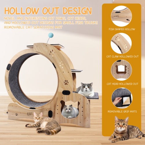 KFX-9901757 Indoor Cat Fitness Wheel - 6-in-1 Natural Wood Cat Treadmill with Silent Pulleys and Stable Design