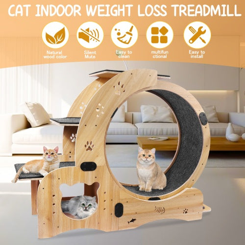 KFX-9901757 Indoor Cat Fitness Wheel - 6-in-1 Natural Wood Cat Treadmill with Silent Pulleys and Stable Design