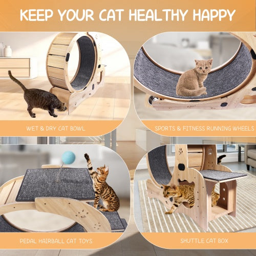 KFX-9901757 Indoor Cat Fitness Wheel - 6-in-1 Natural Wood Cat Treadmill with Silent Pulleys and Stable Design