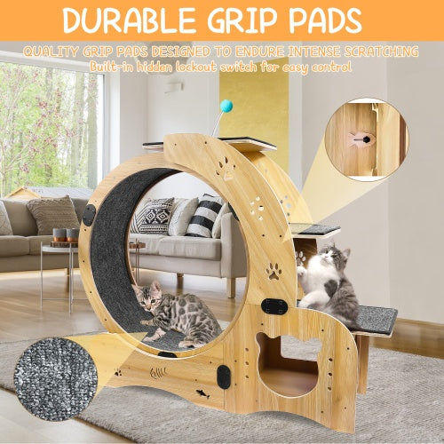 KFX-9901757 Indoor Cat Fitness Wheel - 6-in-1 Natural Wood Cat Treadmill with Silent Pulleys and Stable Design