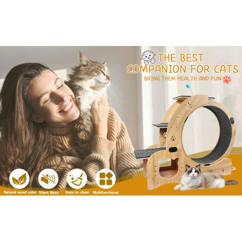 KFX-9901757 Indoor Cat Fitness Wheel - 6-in-1 Natural Wood Cat Treadmill with Silent Pulleys and Stable Design