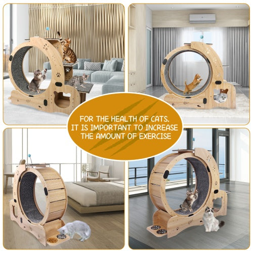 KFX-9901757 Indoor Cat Fitness Wheel - 6-in-1 Natural Wood Cat Treadmill with Silent Pulleys and Stable Design
