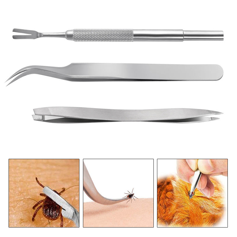 KFX-9902397 3-Piece Stainless Steel Tick and Flea Removal Tool Set for Dogs and Cats
