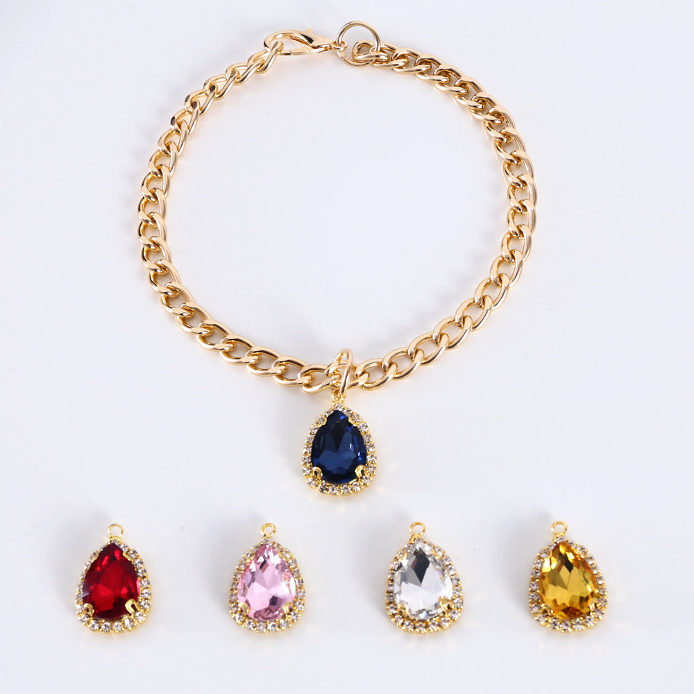 KFX-9904701 Elegant Crystal Pendant Cat Collar with Water Drop Gemstones - Sizes S, M, L