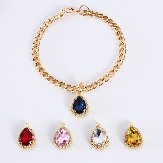KFX-9904701 Elegant Crystal Pendant Cat Collar with Water Drop Gemstones - Sizes S, M, L