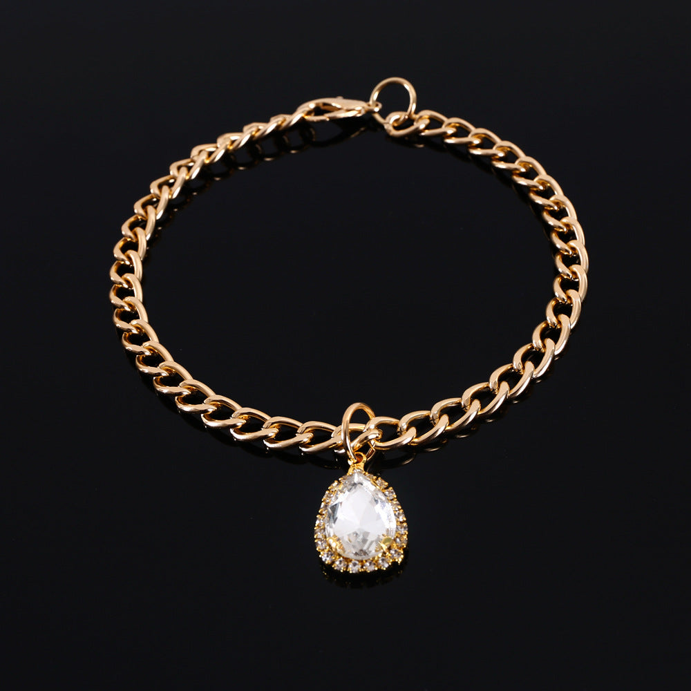 KFX-9904701 Elegant Crystal Pendant Cat Collar with Water Drop Gemstones - Sizes S, M, L