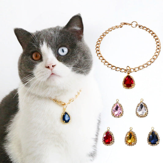 KFX-9904701 Elegant Crystal Pendant Cat Collar with Water Drop Gemstones - Sizes S, M, L