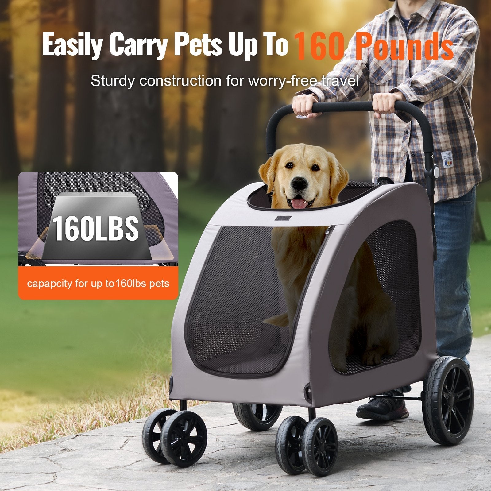 KFX-9908925 4-Wheel Pet Stroller with 160 lbs Capacity, Durable Alloy Frame, and Flexible Large Wheels