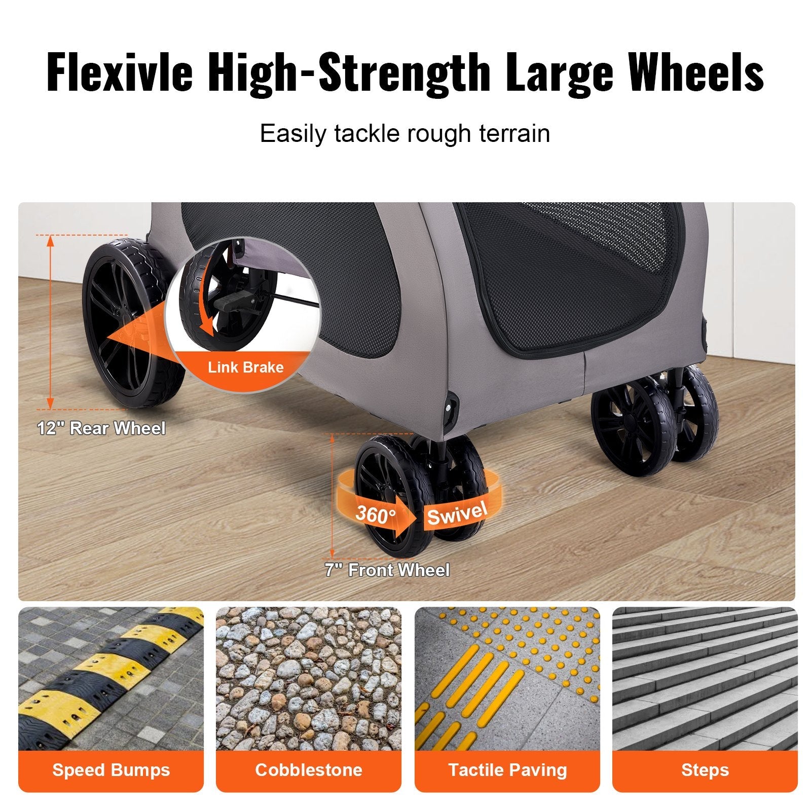 KFX-9908925 4-Wheel Pet Stroller with 160 lbs Capacity, Durable Alloy Frame, and Flexible Large Wheels