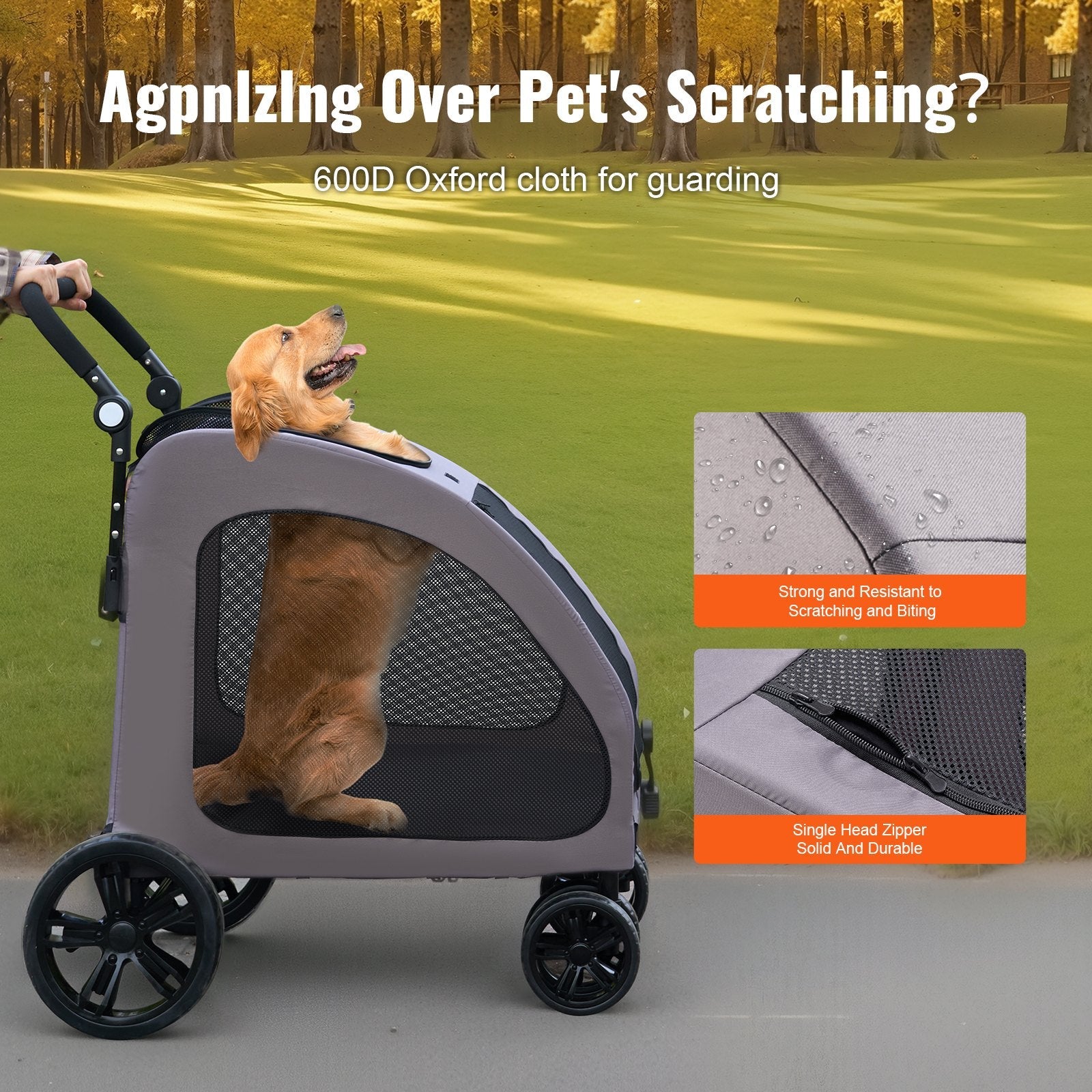 KFX-9908925 4-Wheel Pet Stroller with 160 lbs Capacity, Durable Alloy Frame, and Flexible Large Wheels