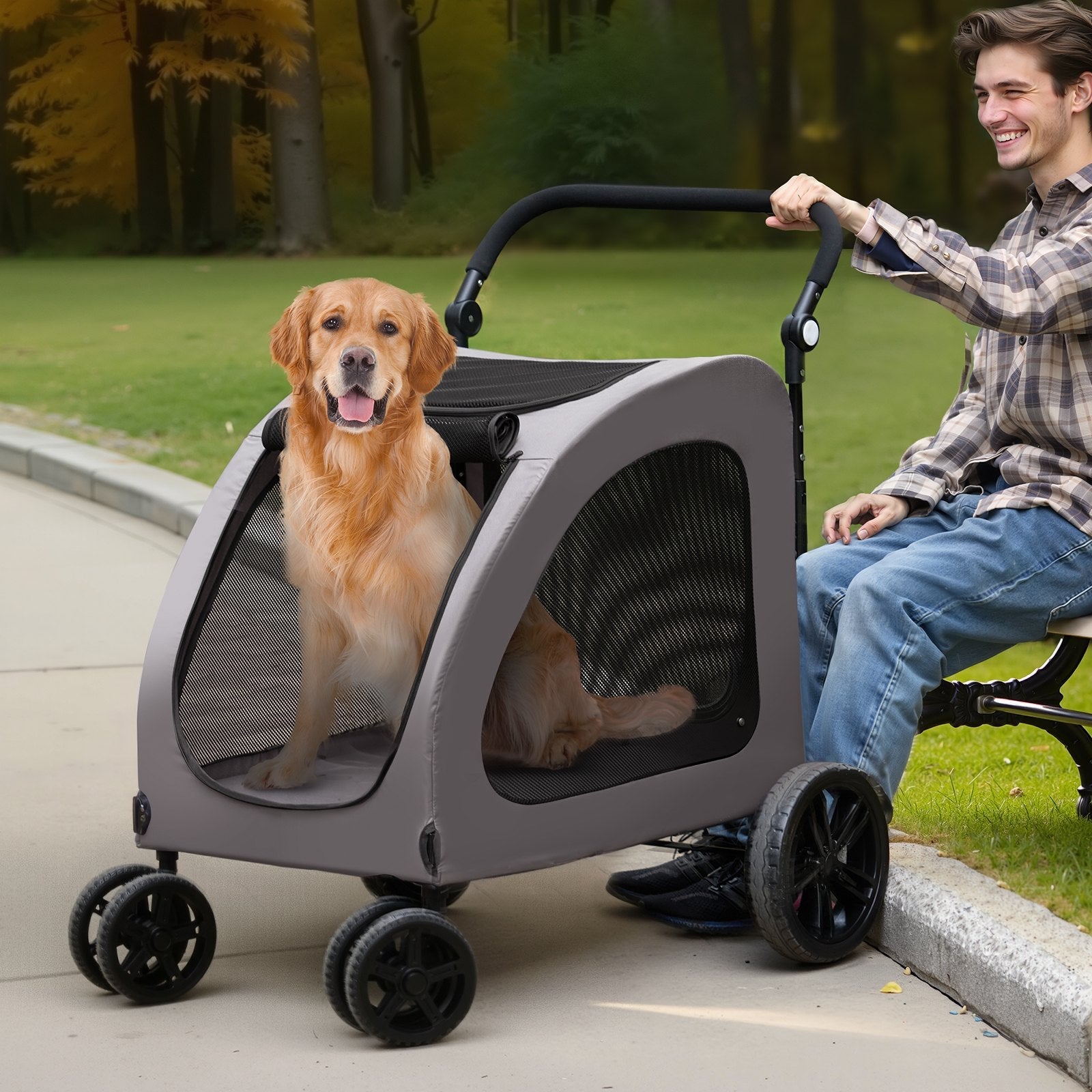 KFX-9908925 4-Wheel Pet Stroller with 160 lbs Capacity, Durable Alloy Frame, and Flexible Large Wheels