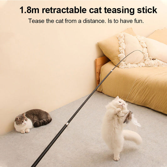KFX-9913277 Extendable 180cm Cat Toy Stick with Feather Replacement Head and Bells