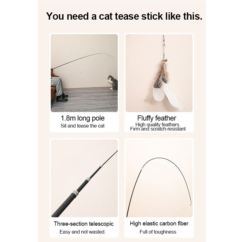 KFX-9913277 Extendable 180cm Cat Toy Stick with Feather Replacement Head and Bells