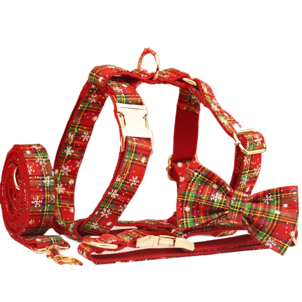 KFX-9919677 Red Snowflake Christmas Pet Collar and Leash Set with Bow and Flowers