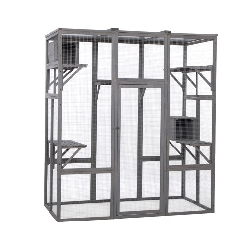 KFX-9921853 Spacious Grey Cat Cage with Outdoor Sun Roof and Elevated Platforms