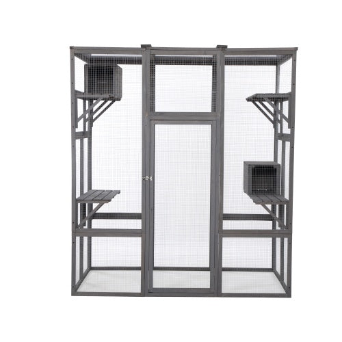 KFX-9921853 Spacious Grey Cat Cage with Outdoor Sun Roof and Elevated Platforms