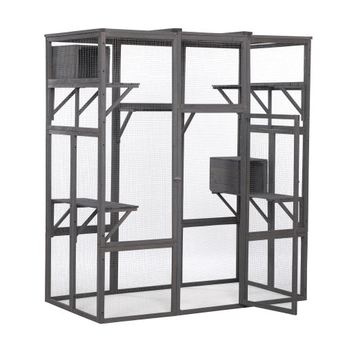 KFX-9921853 Spacious Grey Cat Cage with Outdoor Sun Roof and Elevated Platforms