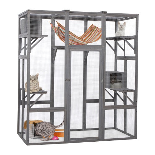 KFX-9921853 Spacious Grey Cat Cage with Outdoor Sun Roof and Elevated Platforms