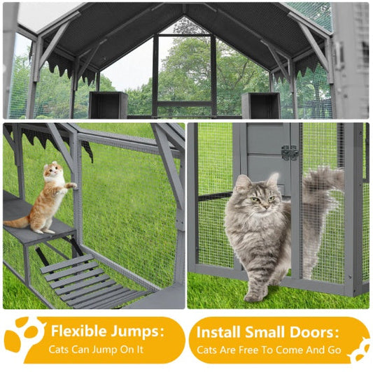KFX-9925565 Large Outdoor Cat House with Platforms and Waterproof Cover, 110" Cat Enclosure in Grey and Blue