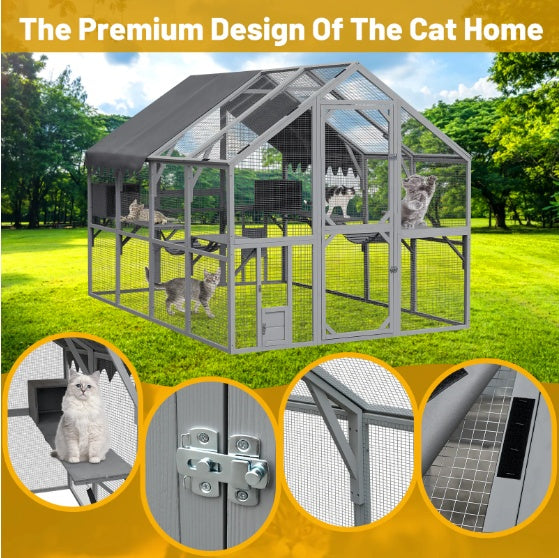KFX-9925565 Large Outdoor Cat House with Platforms and Waterproof Cover, 110" Cat Enclosure in Grey and Blue