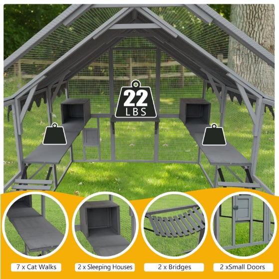 KFX-9925565 Large Outdoor Cat House with Platforms and Waterproof Cover, 110" Cat Enclosure in Grey and Blue