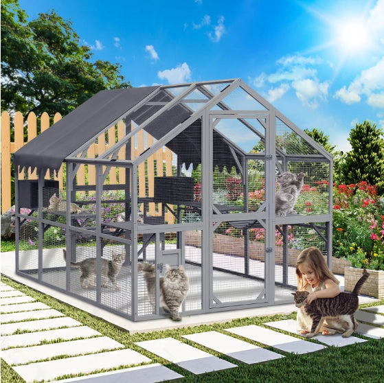 KFX-9925565 Large Outdoor Cat House with Platforms and Waterproof Cover, 110" Cat Enclosure in Grey and Blue