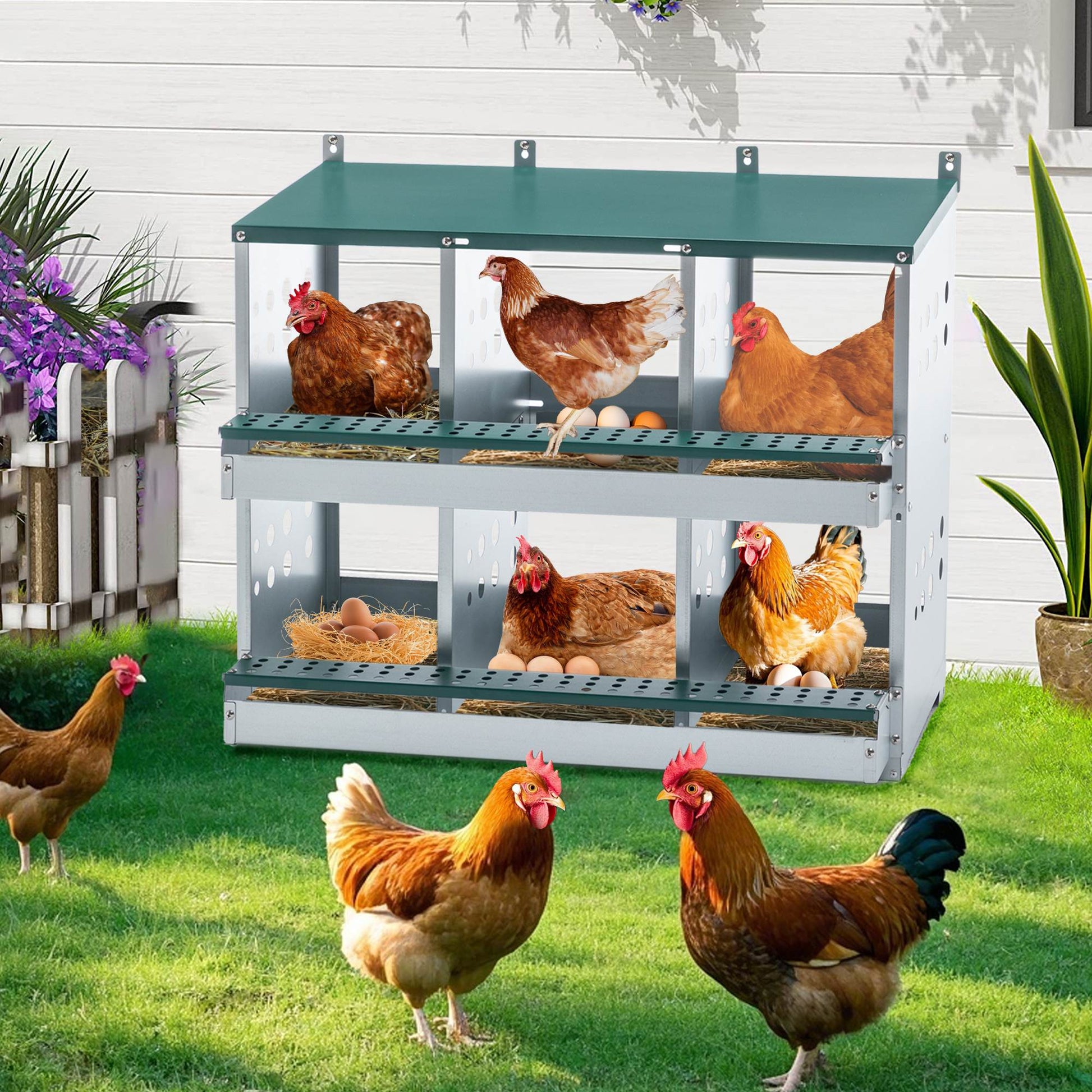 KFX-9927613 6-Compartment Roll-Away Chicken Nesting Box for Easy Egg Collection & Cleaning - Green
