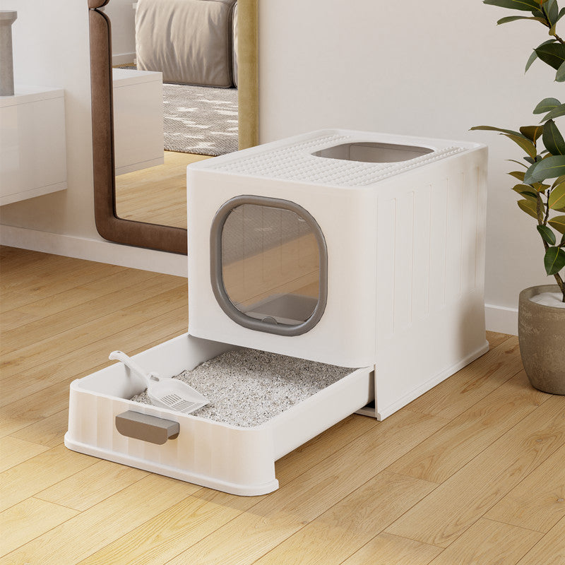 KFX-9931581 Fully Enclosed Large Cat Litter Box – Plastic Folding Design with Anti-Splash Feature in Various Colors