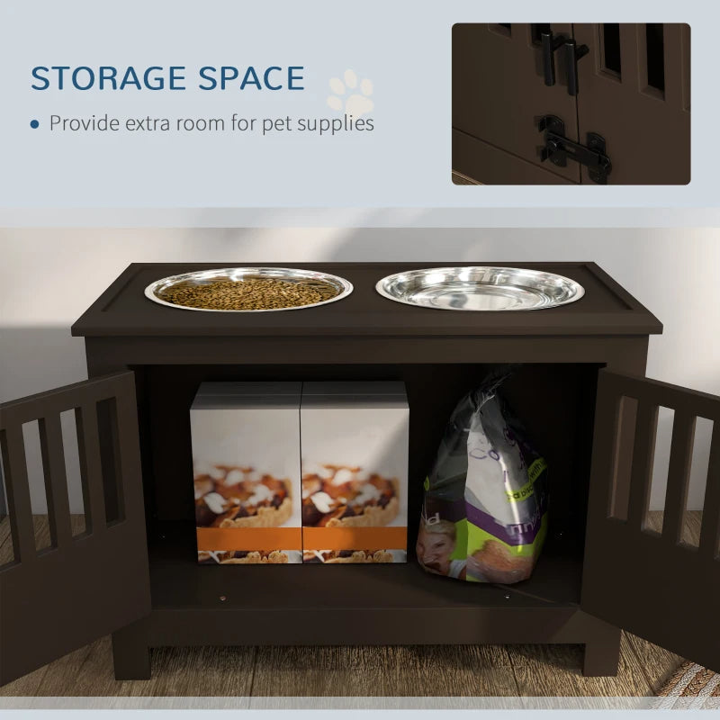 KFX-9933373 Elevated Dog Food Storage Cabinet with Stainless Steel Bowls, Espresso Finish